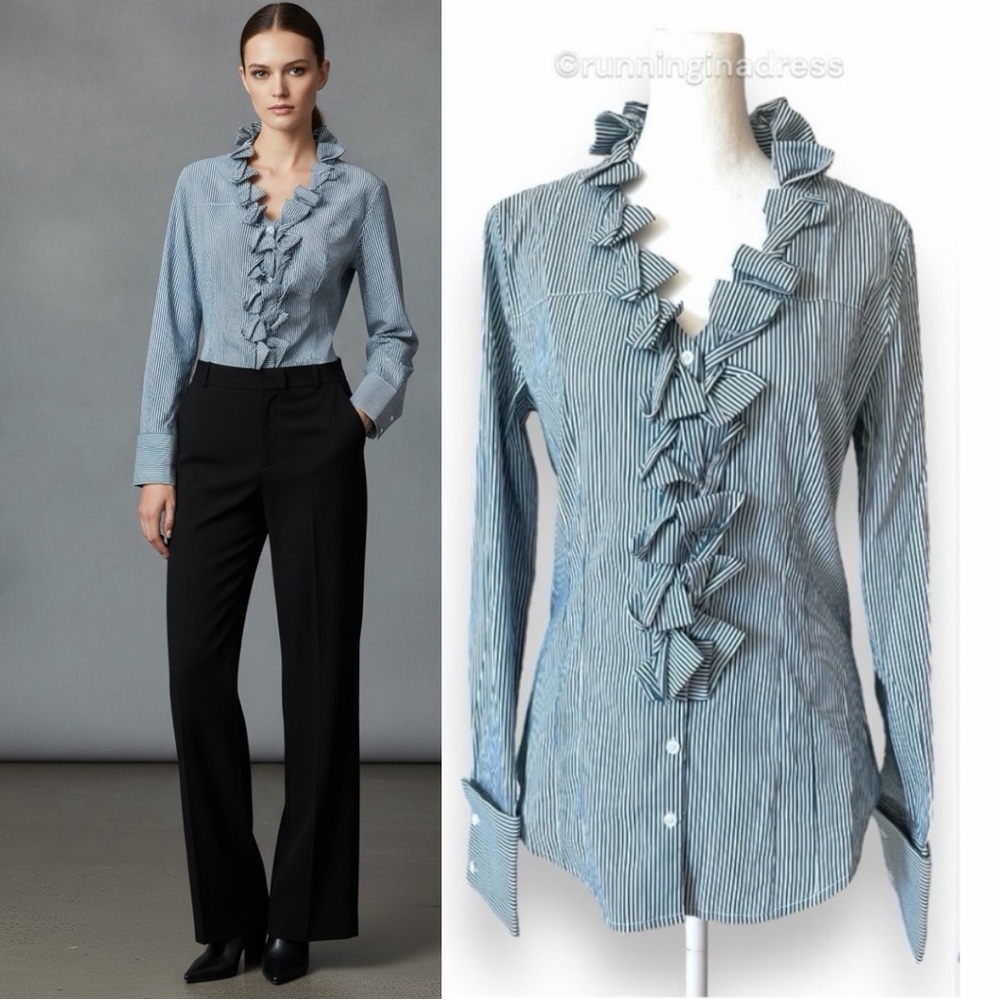 NWT Vintage Y2K Express Design Studio Double Ruffle Front Blue Pinstripe Blouse